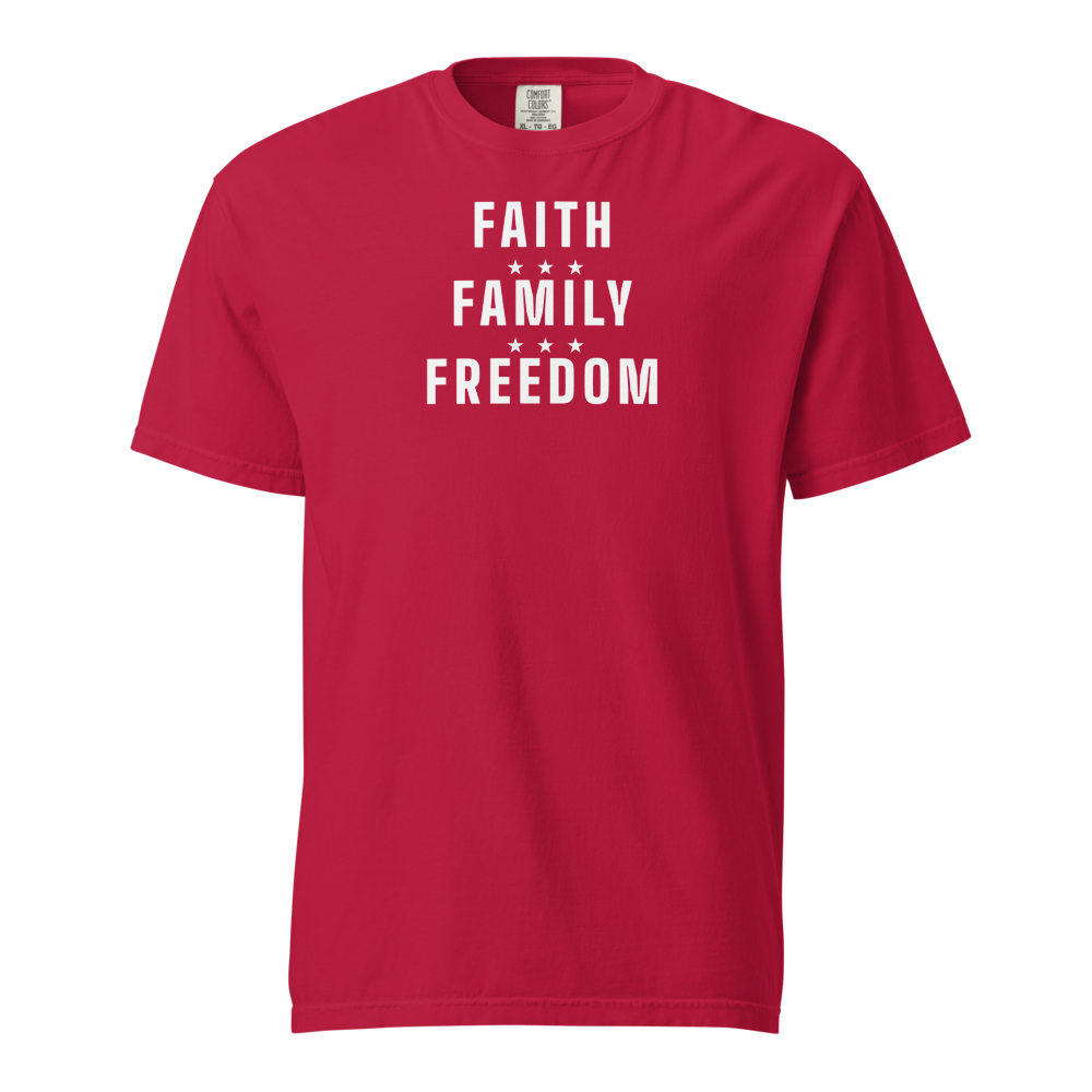 Faith, family, freedom heavyweight tee — Size: M, Color: White
