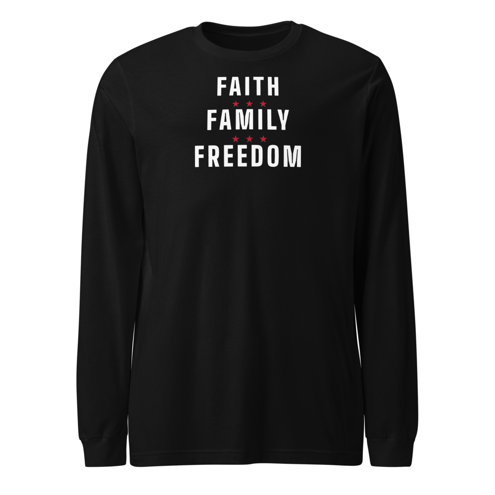Faith, family, freedom long-sleeve tee — Size: M, Color: Red