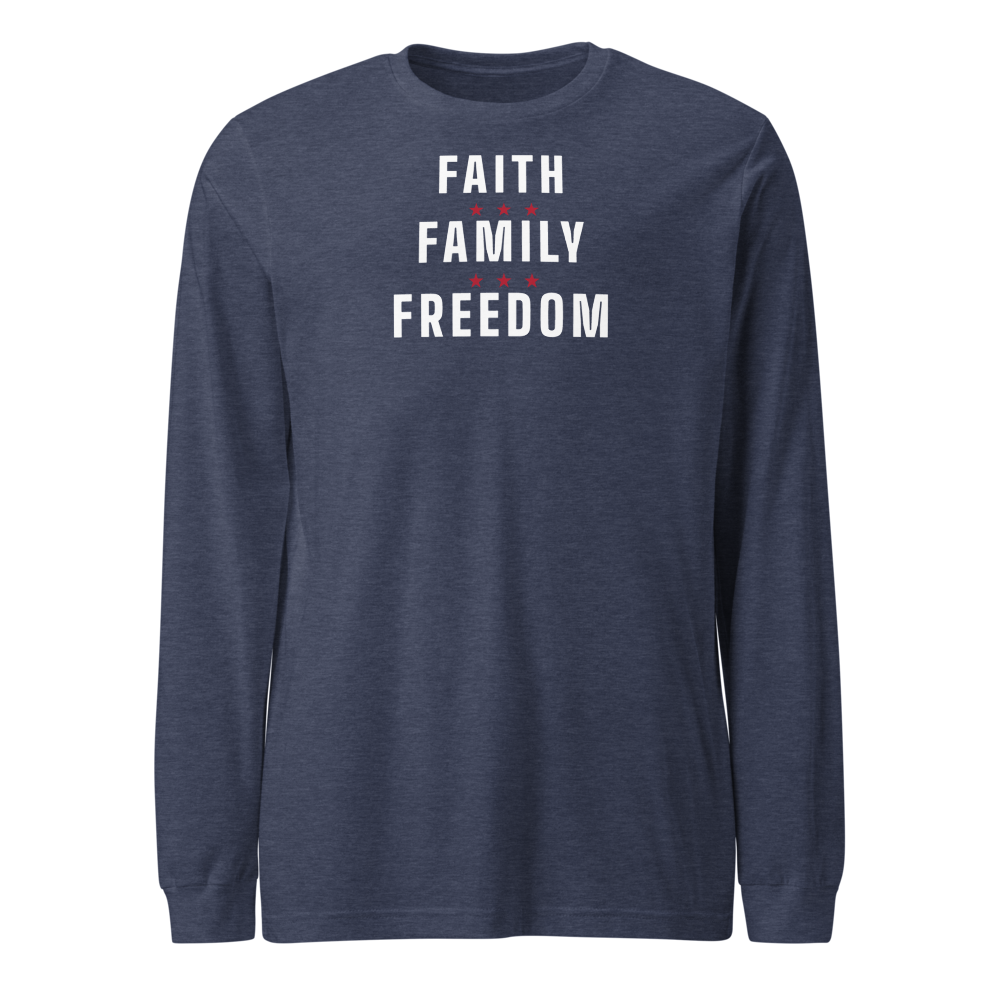 Faith, family, freedom long-sleeve tee — Size: M, Color: Black