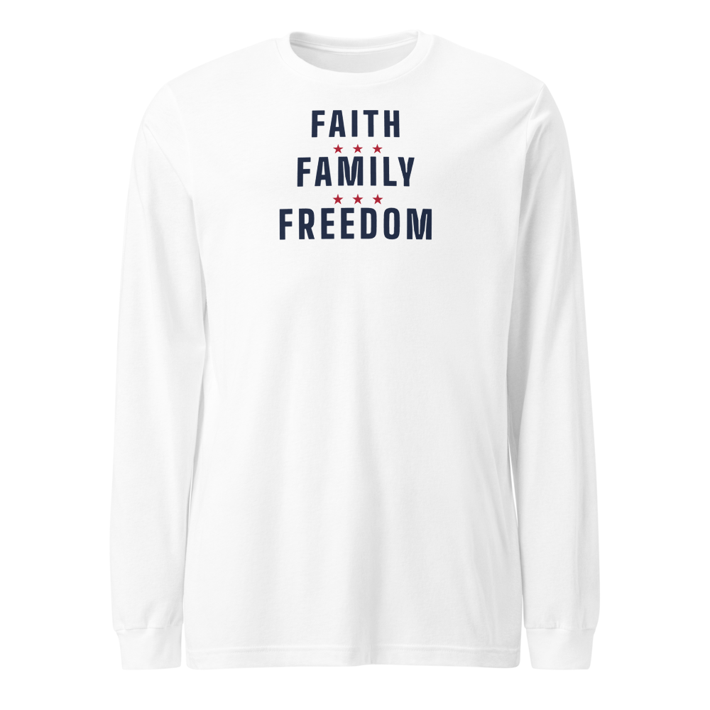 Faith, family, freedom long-sleeve tee — Size: M, Color: Athletic Heather