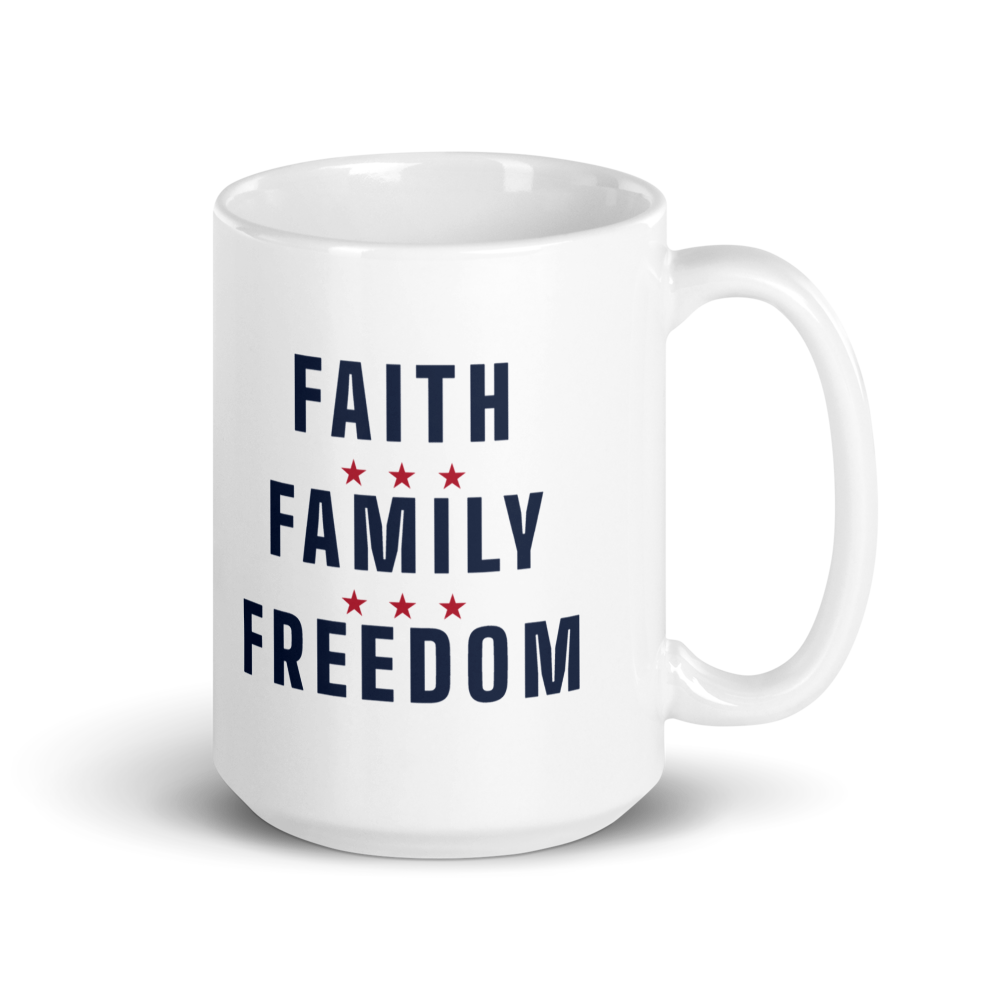 Faith, family, freedom mug — Color: White, Size: 15 oz