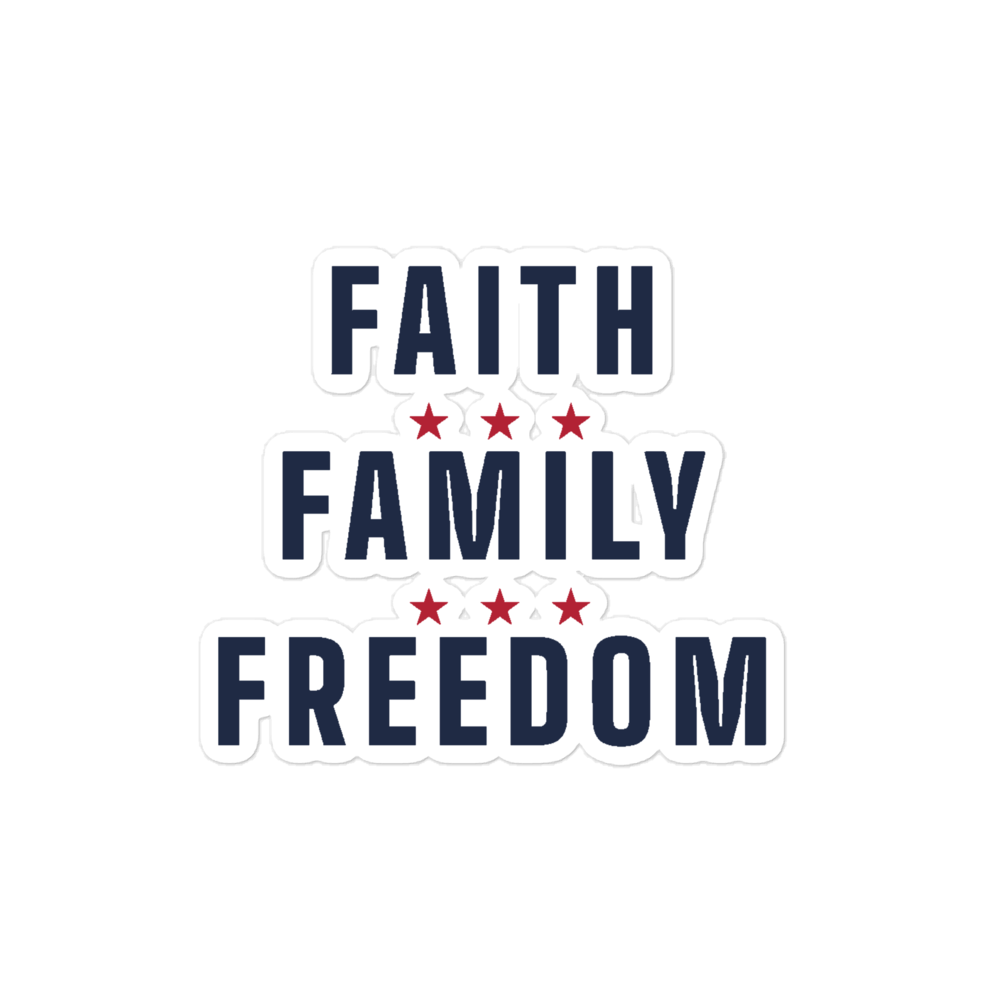 Faith, family, freedom sticker — Size: 5.5″×5.5″, Color: White