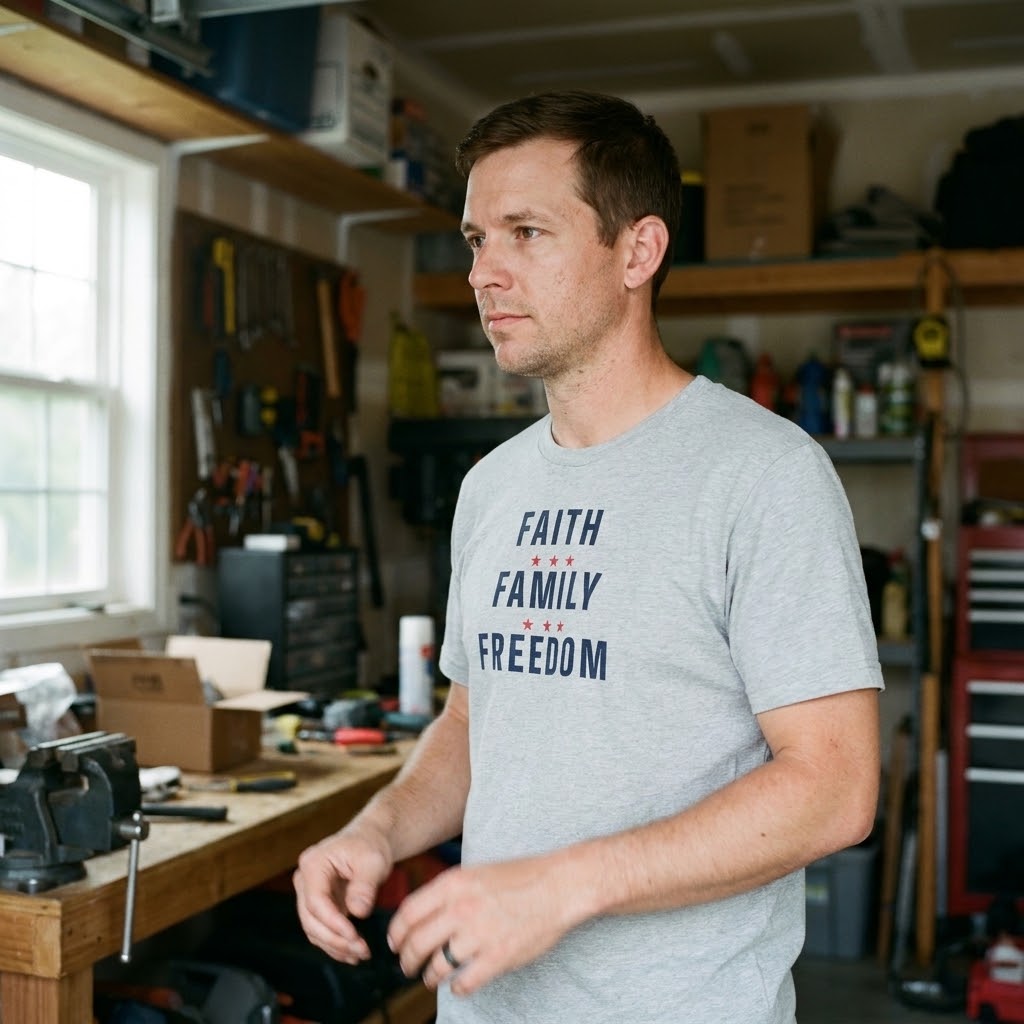 Faith, family, freedom tee — Size: XL, Color: Heather Navy