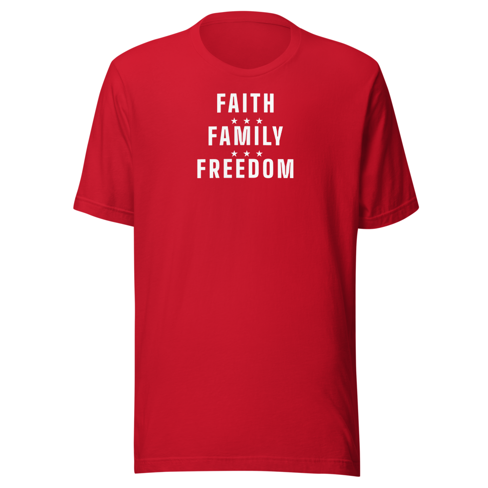 Faith, family, freedom tee — Size: S, Color: Heather Red