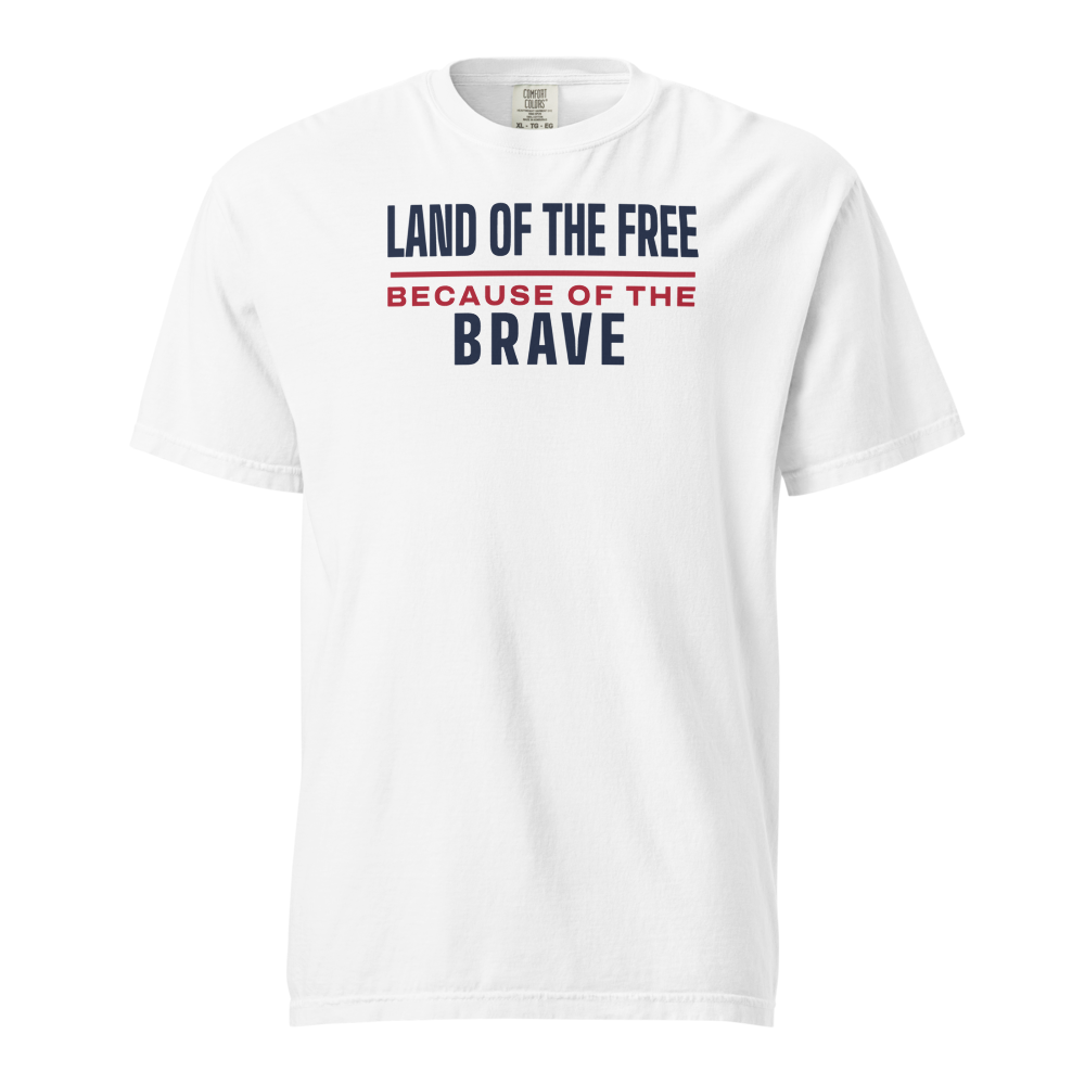 Land of the free because of the brave heavyweight tee — Size: M, Color: White
