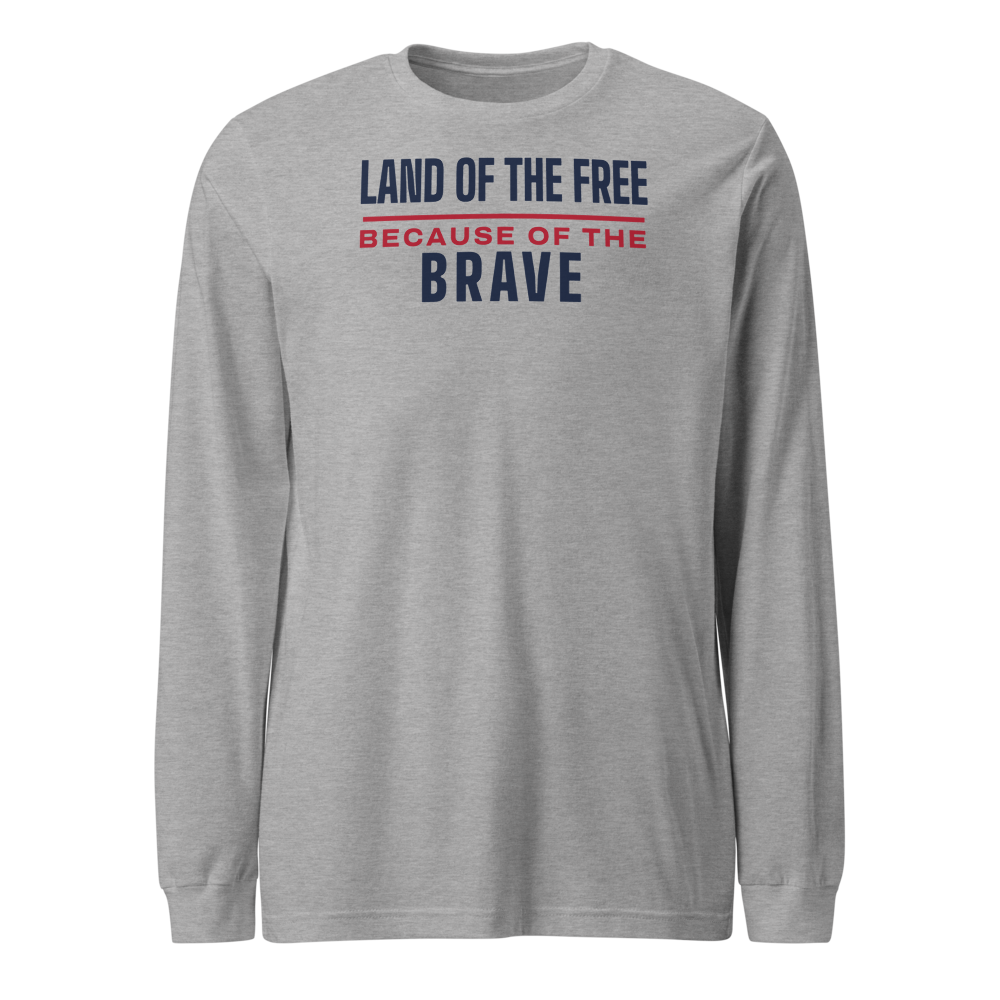 Land of the free because of the brave long-sleeve tee — Size: 2XL, Color: Athletic Heather