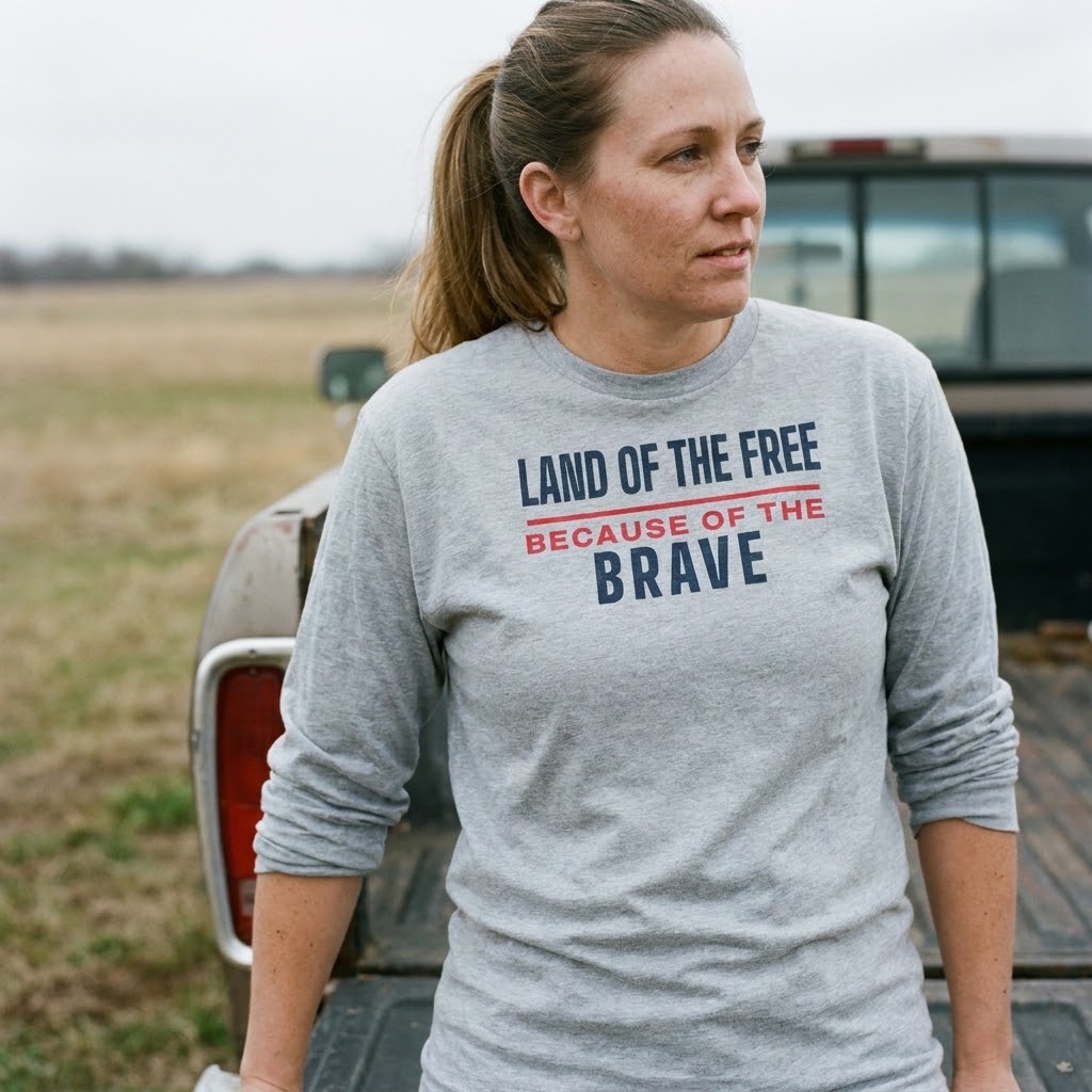 Land of the free because of the brave long-sleeve tee — Size: S, Color: Navy