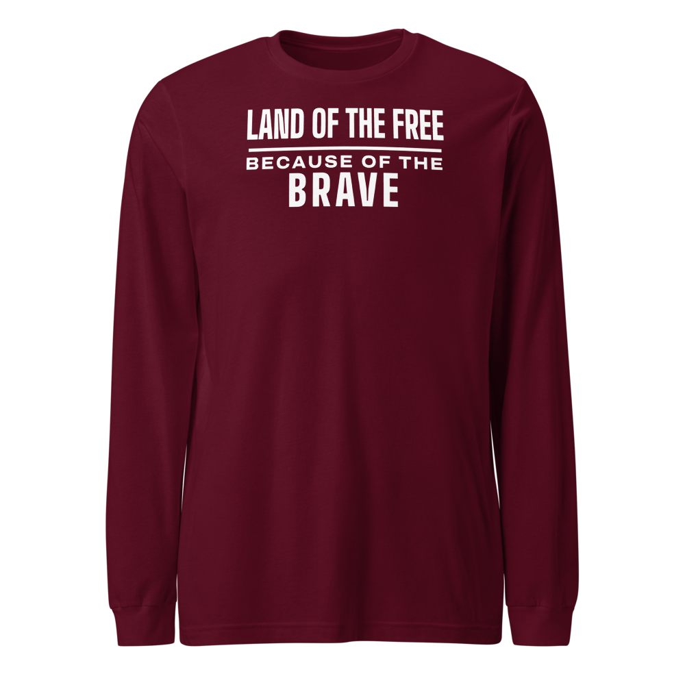 Land of the free because of the brave long-sleeve tee — Size: M, Color: White