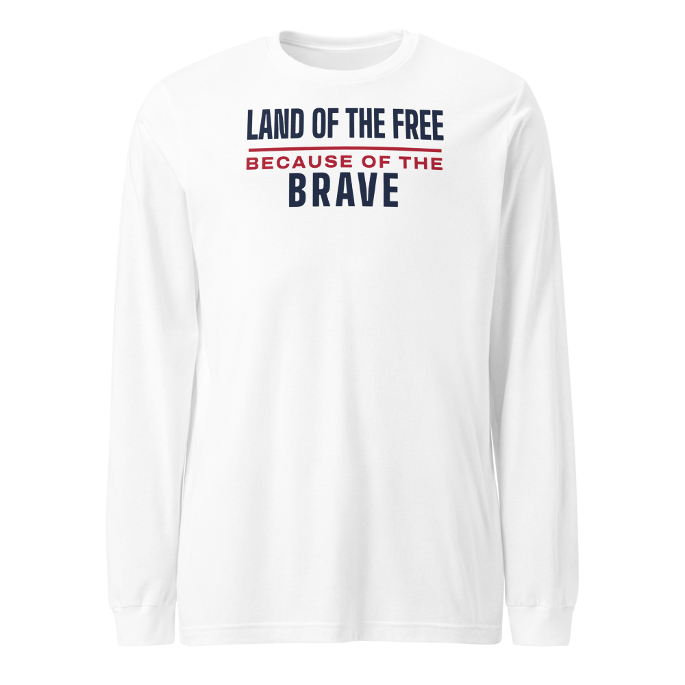 Land of the free because of the brave long-sleeve tee — Size: S, Color: White