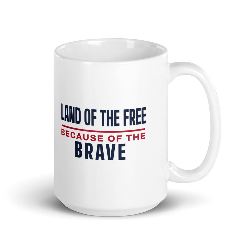 Land of the free because of the brave mug — Color: White, Size: 15 oz