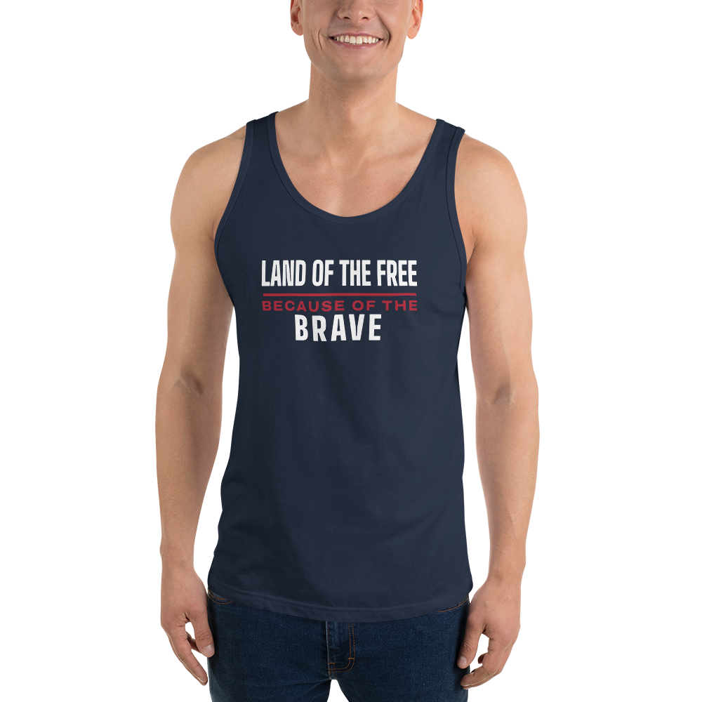 Land of the free because of the brave tank top — Size: S, Color: Navy
