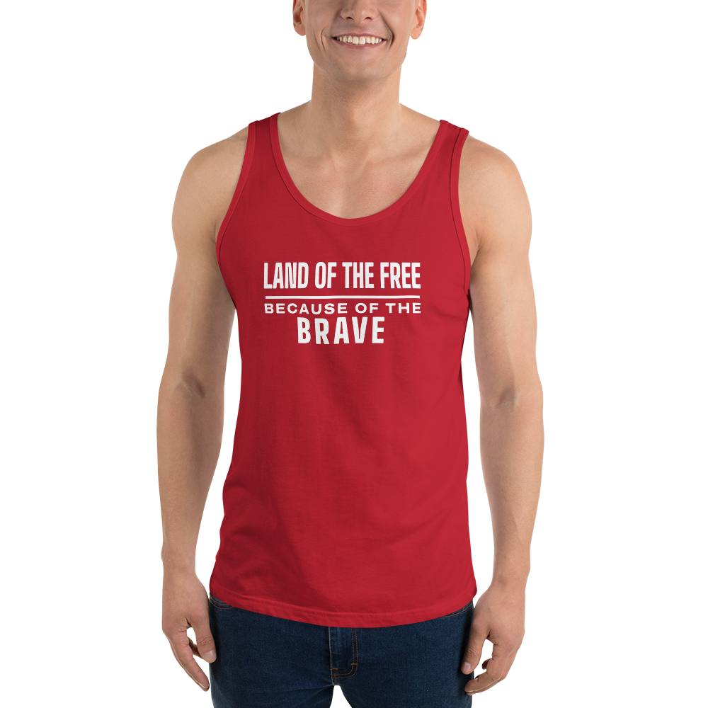 Land of the free because of the brave tank top — Size: S, Color: Athletic Heather
