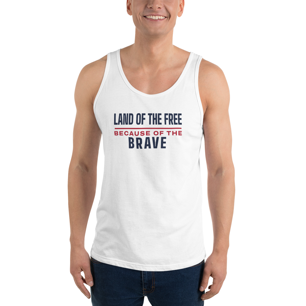 Land of the free because of the brave tank top — Size: L, Color: Navy