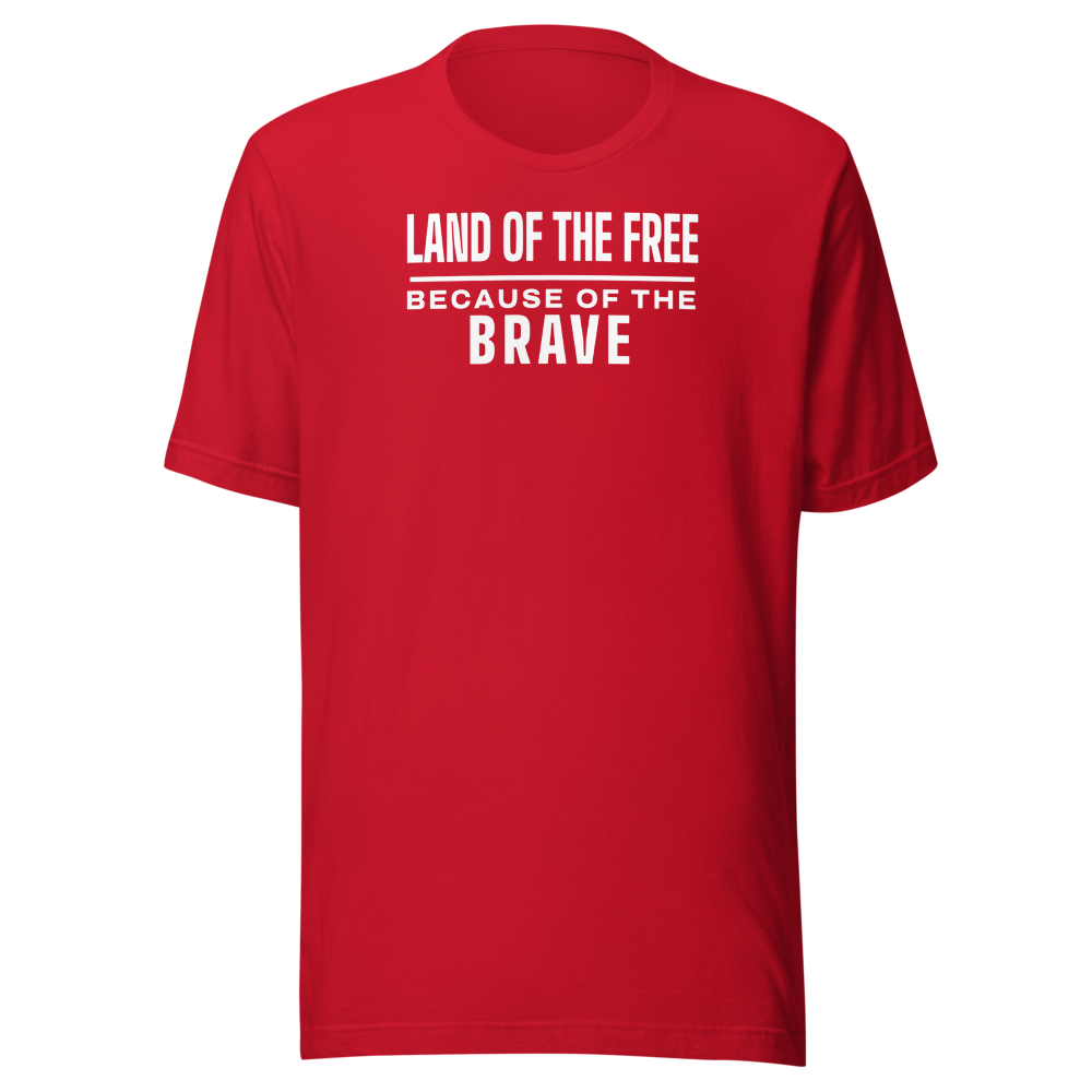 Land of the free because of the brave tee — Size: M, Color: Heather Red